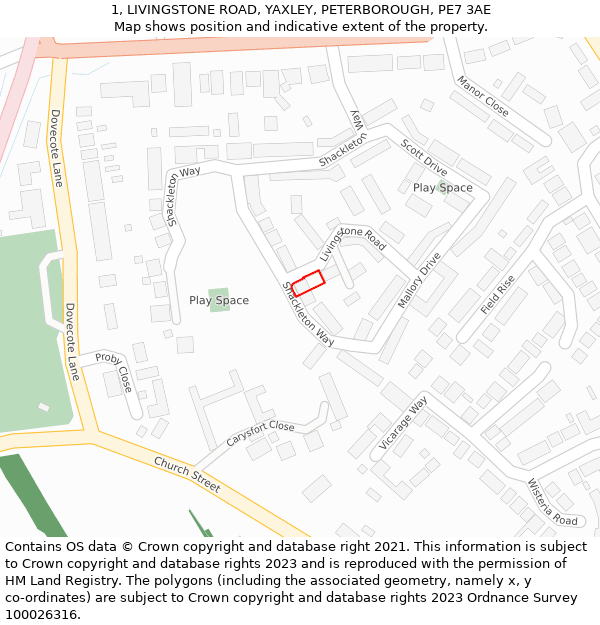 1, LIVINGSTONE ROAD, YAXLEY, PETERBOROUGH, PE7 3AE: Location map and indicative extent of plot