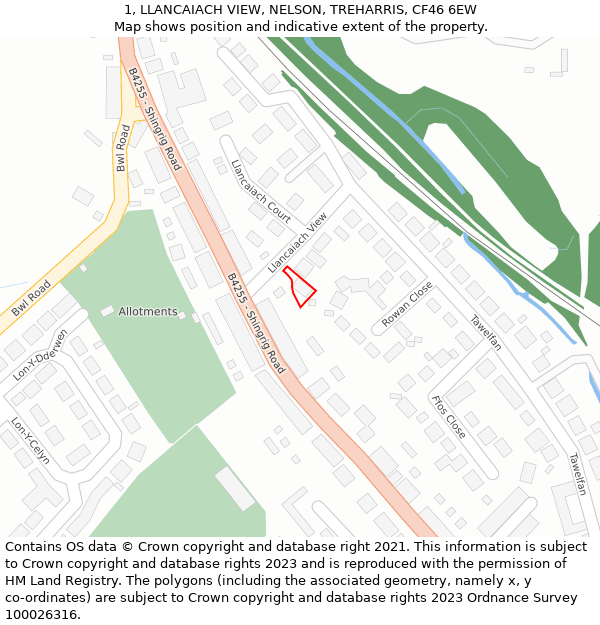 1, LLANCAIACH VIEW, NELSON, TREHARRIS, CF46 6EW: Location map and indicative extent of plot