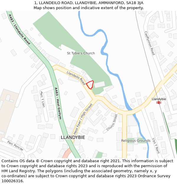 1, LLANDEILO ROAD, LLANDYBIE, AMMANFORD, SA18 3JA: Location map and indicative extent of plot