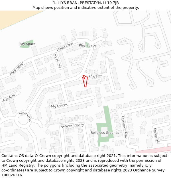 1, LLYS BRAN, PRESTATYN, LL19 7JB: Location map and indicative extent of plot