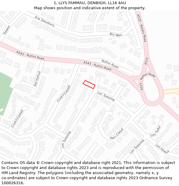 1, LLYS FAMMAU, DENBIGH, LL16 4AU: Location map and indicative extent of plot