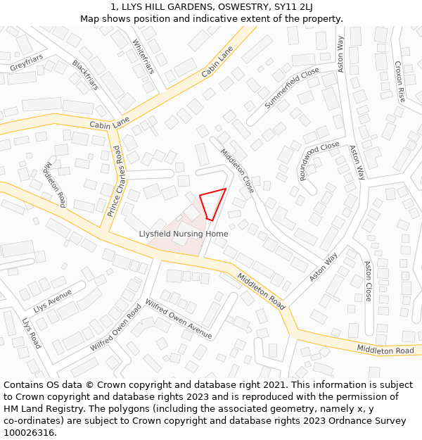 1, LLYS HILL GARDENS, OSWESTRY, SY11 2LJ: Location map and indicative extent of plot