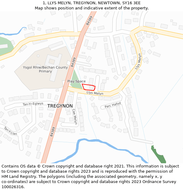 1, LLYS MELYN, TREGYNON, NEWTOWN, SY16 3EE: Location map and indicative extent of plot