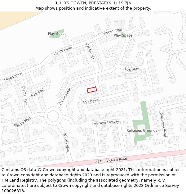 1, LLYS OGWEN, PRESTATYN, LL19 7JA: Location map and indicative extent of plot