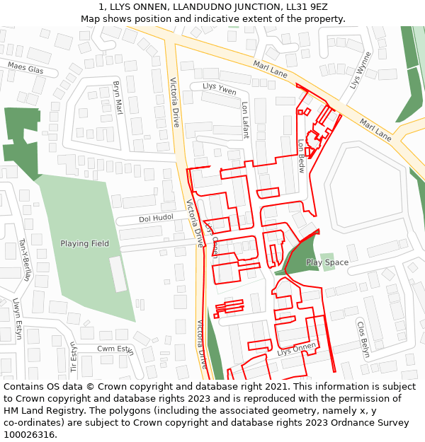 1, LLYS ONNEN, LLANDUDNO JUNCTION, LL31 9EZ: Location map and indicative extent of plot