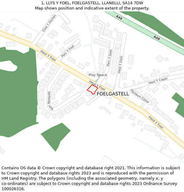 1, LLYS Y FOEL, FOELGASTELL, LLANELLI, SA14 7DW: Location map and indicative extent of plot