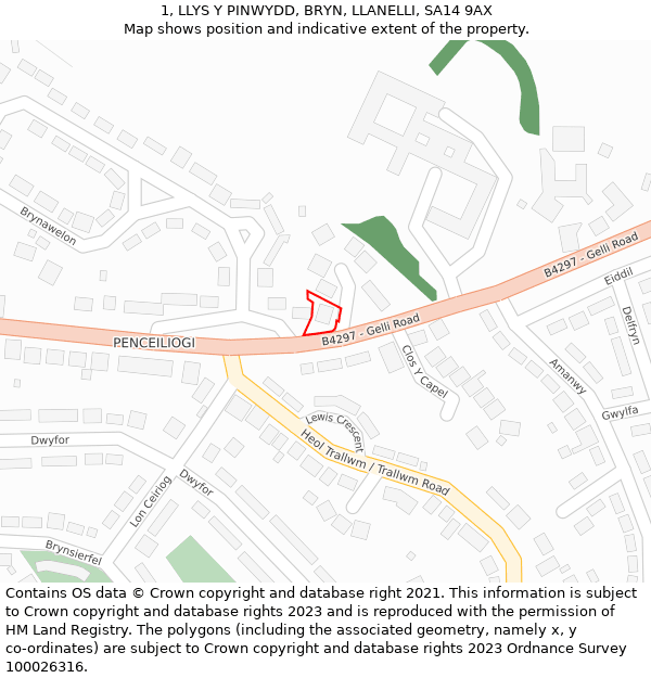 1, LLYS Y PINWYDD, BRYN, LLANELLI, SA14 9AX: Location map and indicative extent of plot