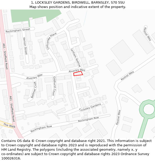 1, LOCKSLEY GARDENS, BIRDWELL, BARNSLEY, S70 5SU: Location map and indicative extent of plot