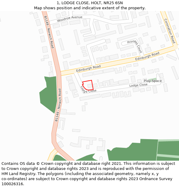 1, LODGE CLOSE, HOLT, NR25 6SN: Location map and indicative extent of plot