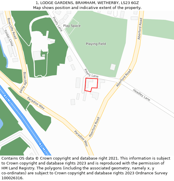 1, LODGE GARDENS, BRAMHAM, WETHERBY, LS23 6GZ: Location map and indicative extent of plot