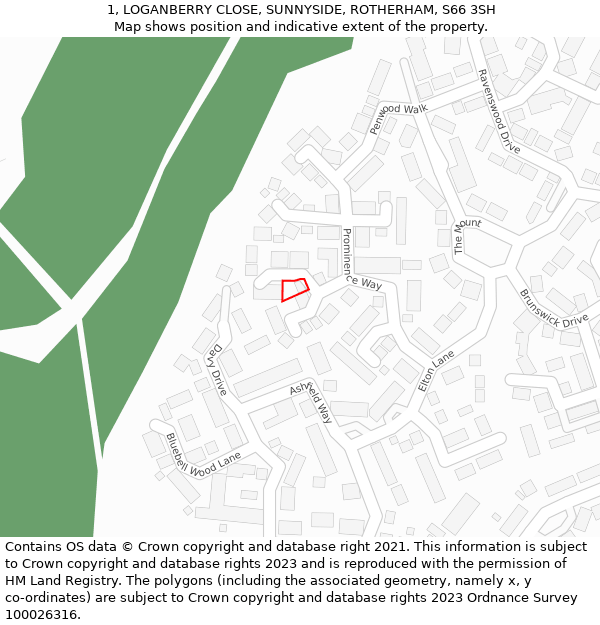 1, LOGANBERRY CLOSE, SUNNYSIDE, ROTHERHAM, S66 3SH: Location map and indicative extent of plot
