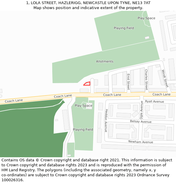 1, LOLA STREET, HAZLERIGG, NEWCASTLE UPON TYNE, NE13 7AT: Location map and indicative extent of plot