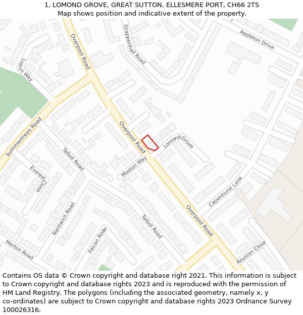 1, LOMOND GROVE, GREAT SUTTON, ELLESMERE PORT, CH66 2TS: Location map and indicative extent of plot