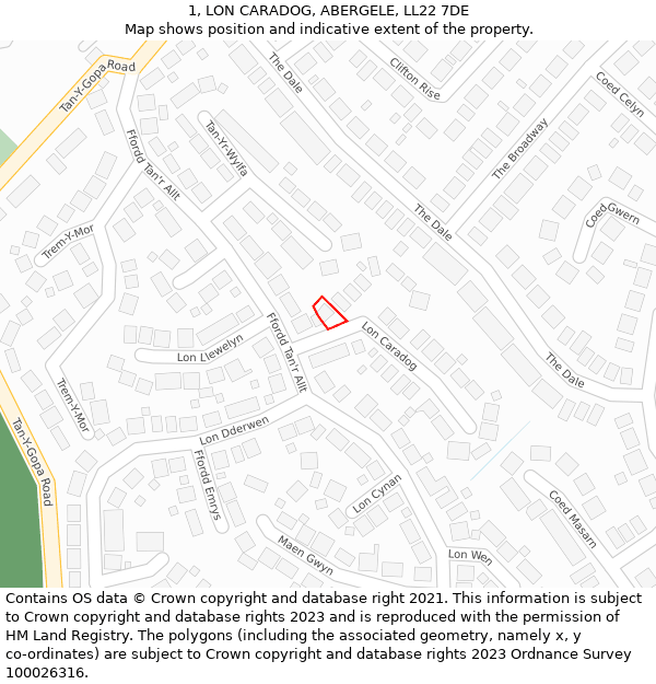 1, LON CARADOG, ABERGELE, LL22 7DE: Location map and indicative extent of plot