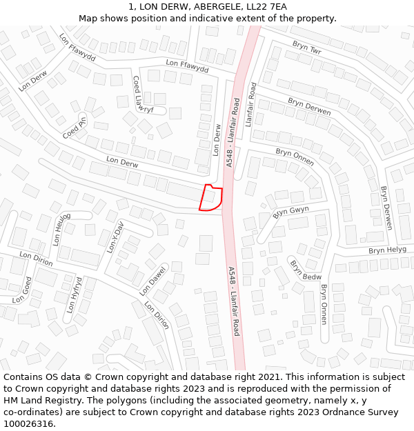 1, LON DERW, ABERGELE, LL22 7EA: Location map and indicative extent of plot