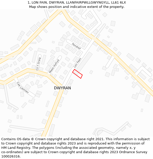 1, LON FAIN, DWYRAN, LLANFAIRPWLLGWYNGYLL, LL61 6LX: Location map and indicative extent of plot