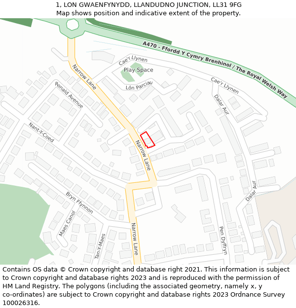 1, LON GWAENFYNYDD, LLANDUDNO JUNCTION, LL31 9FG: Location map and indicative extent of plot