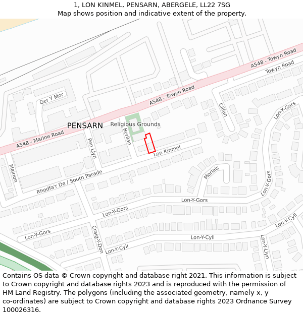 1, LON KINMEL, PENSARN, ABERGELE, LL22 7SG: Location map and indicative extent of plot