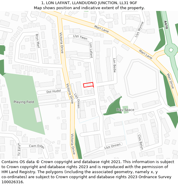 1, LON LAFANT, LLANDUDNO JUNCTION, LL31 9GF: Location map and indicative extent of plot