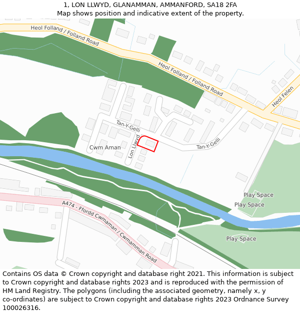 1, LON LLWYD, GLANAMMAN, AMMANFORD, SA18 2FA: Location map and indicative extent of plot