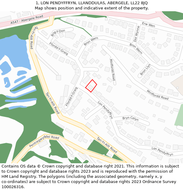 1, LON PENDYFFRYN, LLANDDULAS, ABERGELE, LL22 8JQ: Location map and indicative extent of plot