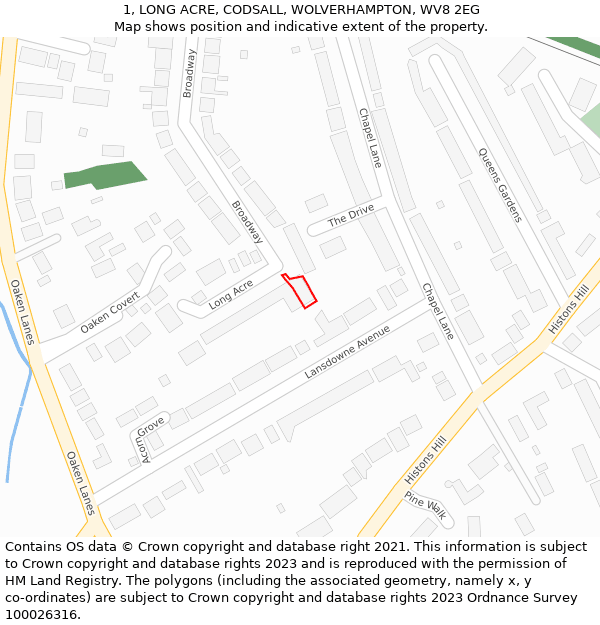 1, LONG ACRE, CODSALL, WOLVERHAMPTON, WV8 2EG: Location map and indicative extent of plot