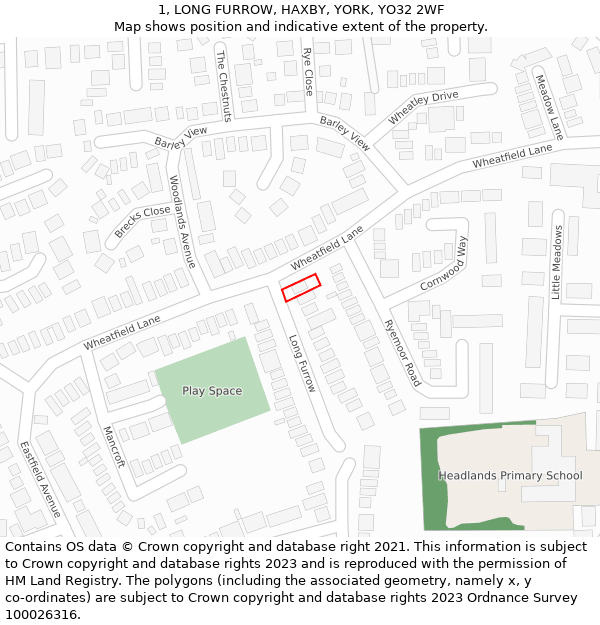 1, LONG FURROW, HAXBY, YORK, YO32 2WF: Location map and indicative extent of plot