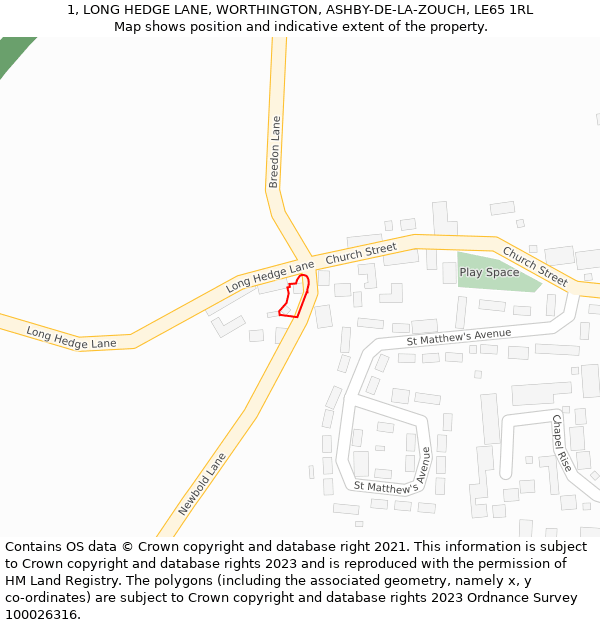 1, LONG HEDGE LANE, WORTHINGTON, ASHBY-DE-LA-ZOUCH, LE65 1RL: Location map and indicative extent of plot