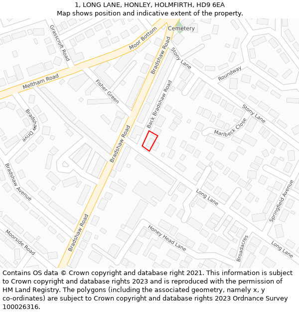 1, LONG LANE, HONLEY, HOLMFIRTH, HD9 6EA: Location map and indicative extent of plot