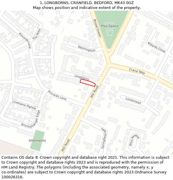 1, LONGBORNS, CRANFIELD, BEDFORD, MK43 0GZ: Location map and indicative extent of plot