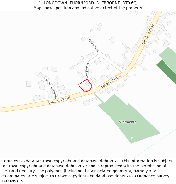 1, LONGDOWN, THORNFORD, SHERBORNE, DT9 6QJ: Location map and indicative extent of plot