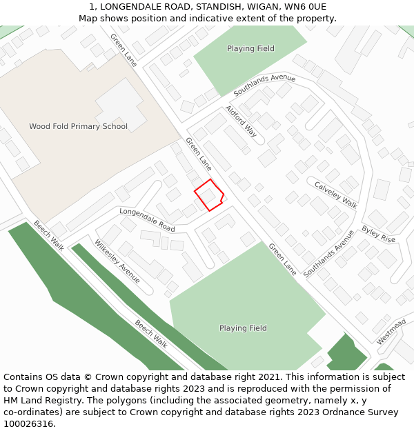 1, LONGENDALE ROAD, STANDISH, WIGAN, WN6 0UE: Location map and indicative extent of plot