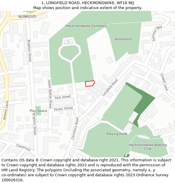 1, LONGFIELD ROAD, HECKMONDWIKE, WF16 9EJ: Location map and indicative extent of plot