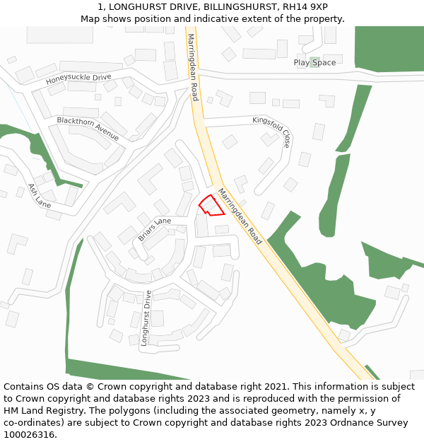 1, LONGHURST DRIVE, BILLINGSHURST, RH14 9XP: Location map and indicative extent of plot