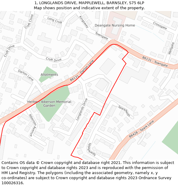 1, LONGLANDS DRIVE, MAPPLEWELL, BARNSLEY, S75 6LP: Location map and indicative extent of plot