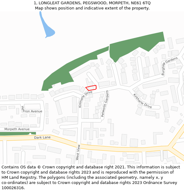 1, LONGLEAT GARDENS, PEGSWOOD, MORPETH, NE61 6TQ: Location map and indicative extent of plot