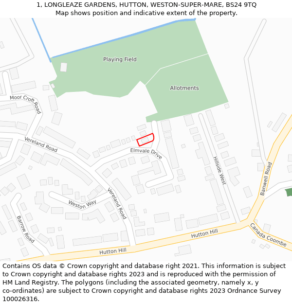 1, LONGLEAZE GARDENS, HUTTON, WESTON-SUPER-MARE, BS24 9TQ: Location map and indicative extent of plot