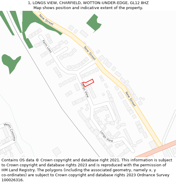 1, LONGS VIEW, CHARFIELD, WOTTON-UNDER-EDGE, GL12 8HZ: Location map and indicative extent of plot