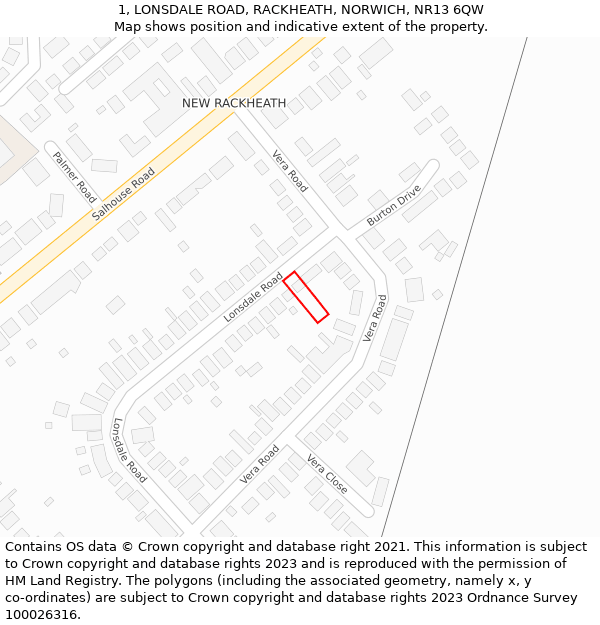 1, LONSDALE ROAD, RACKHEATH, NORWICH, NR13 6QW: Location map and indicative extent of plot