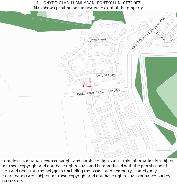 1, LONYDD GLAS, LLANHARAN, PONTYCLUN, CF72 9FZ: Location map and indicative extent of plot