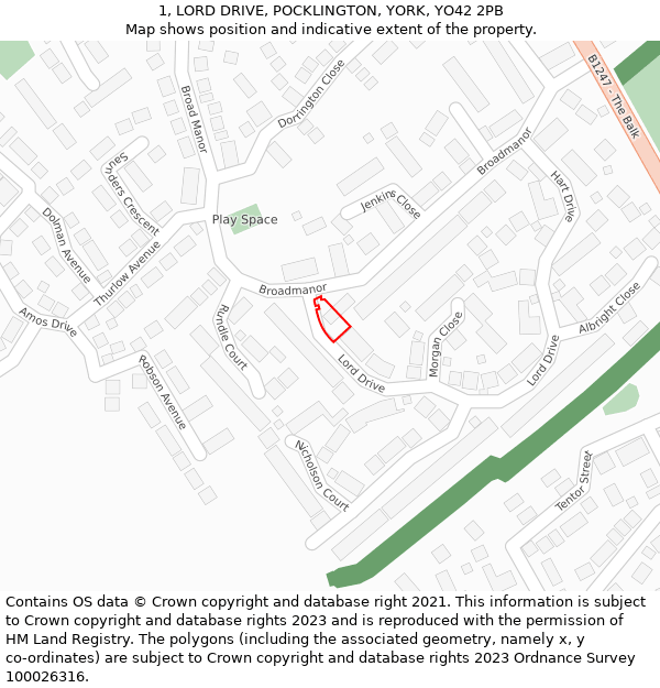 1, LORD DRIVE, POCKLINGTON, YORK, YO42 2PB: Location map and indicative extent of plot