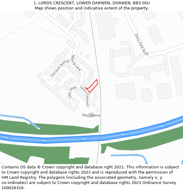 1, LORDS CRESCENT, LOWER DARWEN, DARWEN, BB3 0SU: Location map and indicative extent of plot