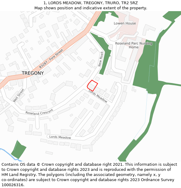 1, LORDS MEADOW, TREGONY, TRURO, TR2 5RZ: Location map and indicative extent of plot