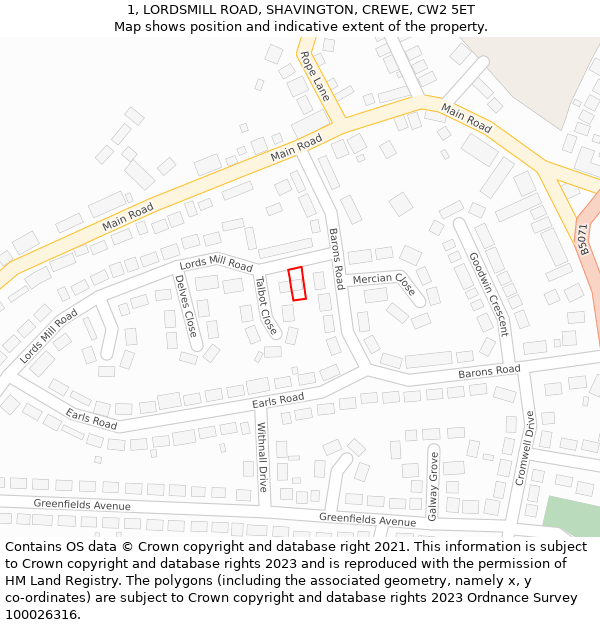 1, LORDSMILL ROAD, SHAVINGTON, CREWE, CW2 5ET: Location map and indicative extent of plot