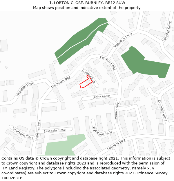 1, LORTON CLOSE, BURNLEY, BB12 8UW: Location map and indicative extent of plot