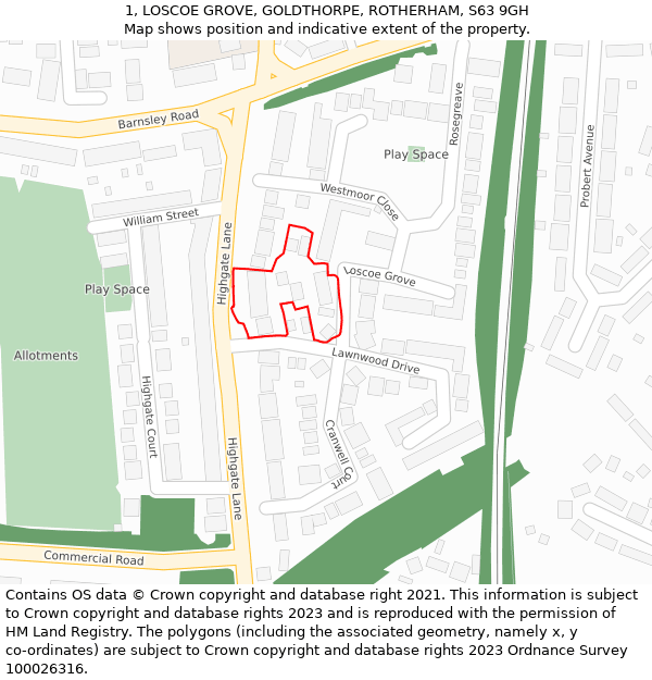 1, LOSCOE GROVE, GOLDTHORPE, ROTHERHAM, S63 9GH: Location map and indicative extent of plot