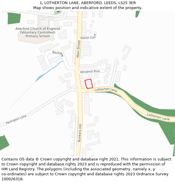 1, LOTHERTON LANE, ABERFORD, LEEDS, LS25 3ER: Location map and indicative extent of plot