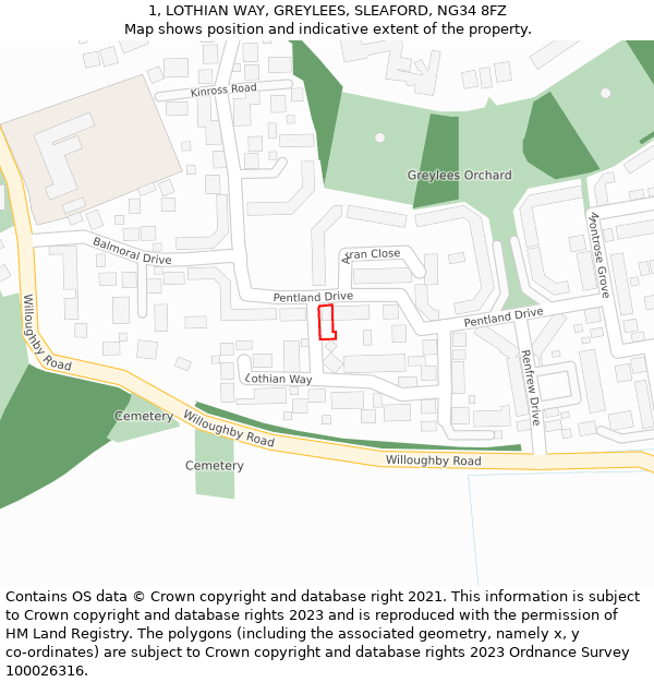 1, LOTHIAN WAY, GREYLEES, SLEAFORD, NG34 8FZ: Location map and indicative extent of plot