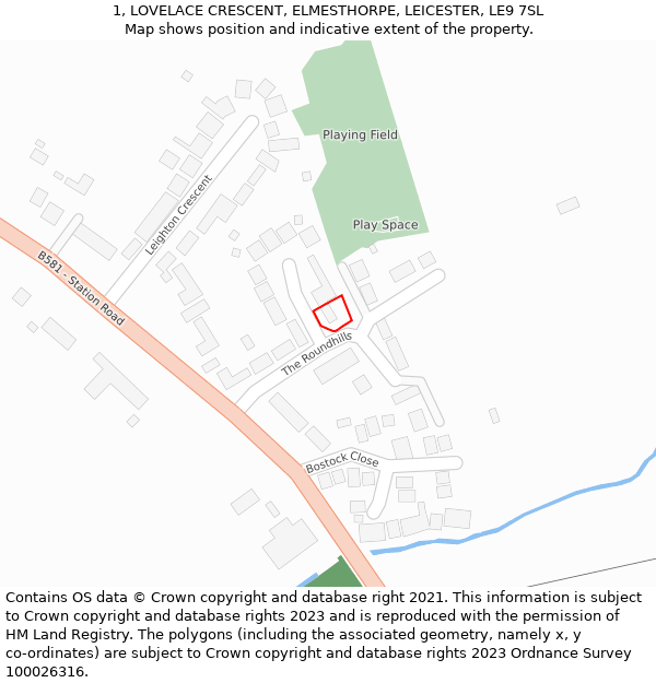 1, LOVELACE CRESCENT, ELMESTHORPE, LEICESTER, LE9 7SL: Location map and indicative extent of plot