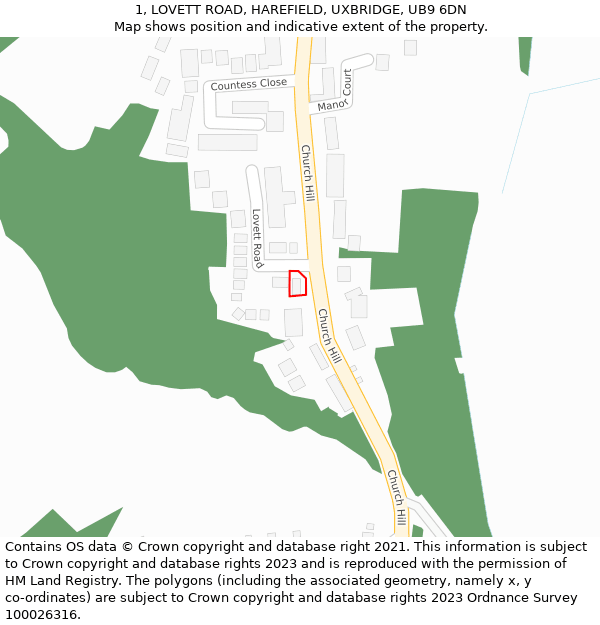 1, LOVETT ROAD, HAREFIELD, UXBRIDGE, UB9 6DN: Location map and indicative extent of plot
